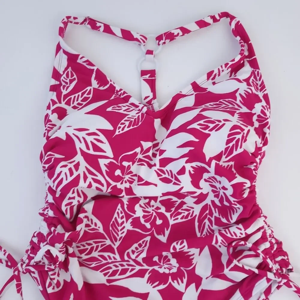 Kona Sol One Piece Swimsuit Small Pink & White Floral, Ruched Sides Excellent